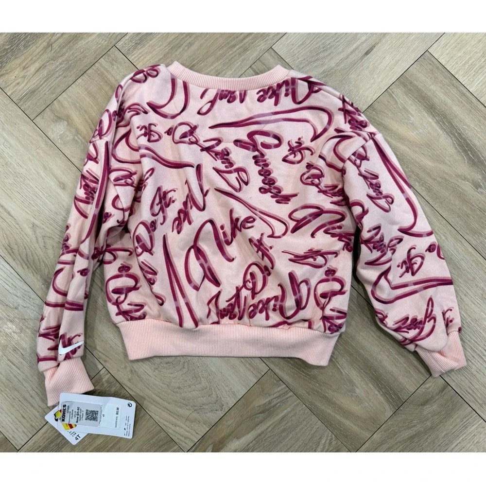 Nike Girls Pink Graffiti Print Crewneck Sweatshirt Just Do It Fleece 4T N145-ADZ